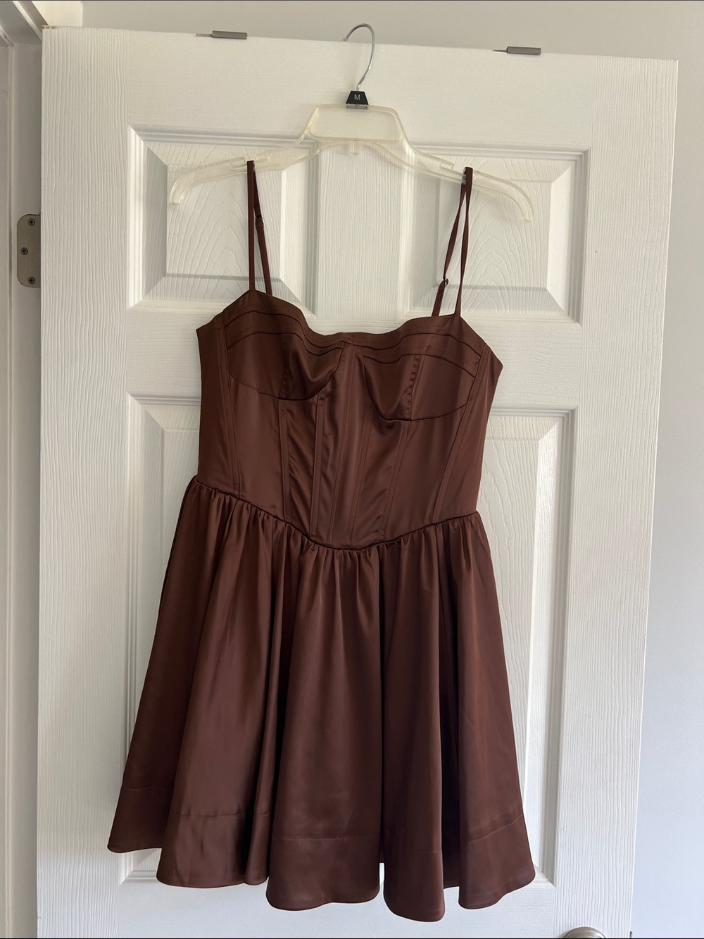 ASTR The Label Brown Satin Fit-and-Flare Dress with Spaghetti Straps